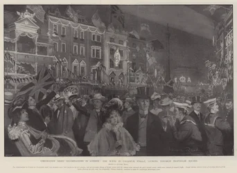 Krönungsnachtbeleuchtung in London, die Szene in der Cockspur Street, Blick auf den Trafalgar Square